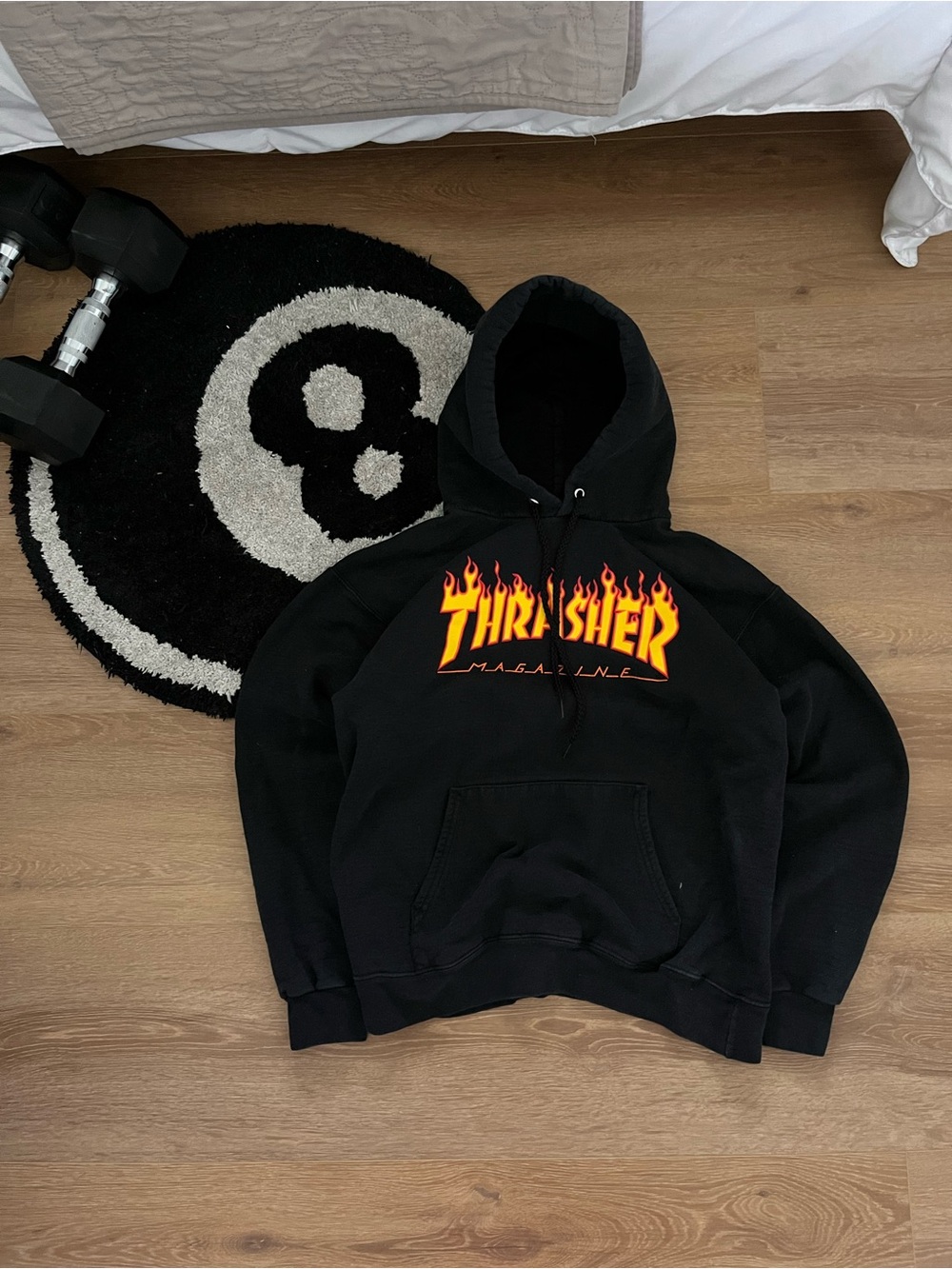 Thrasher thick Black Hoodie with Yellow and Orange Flame Logo